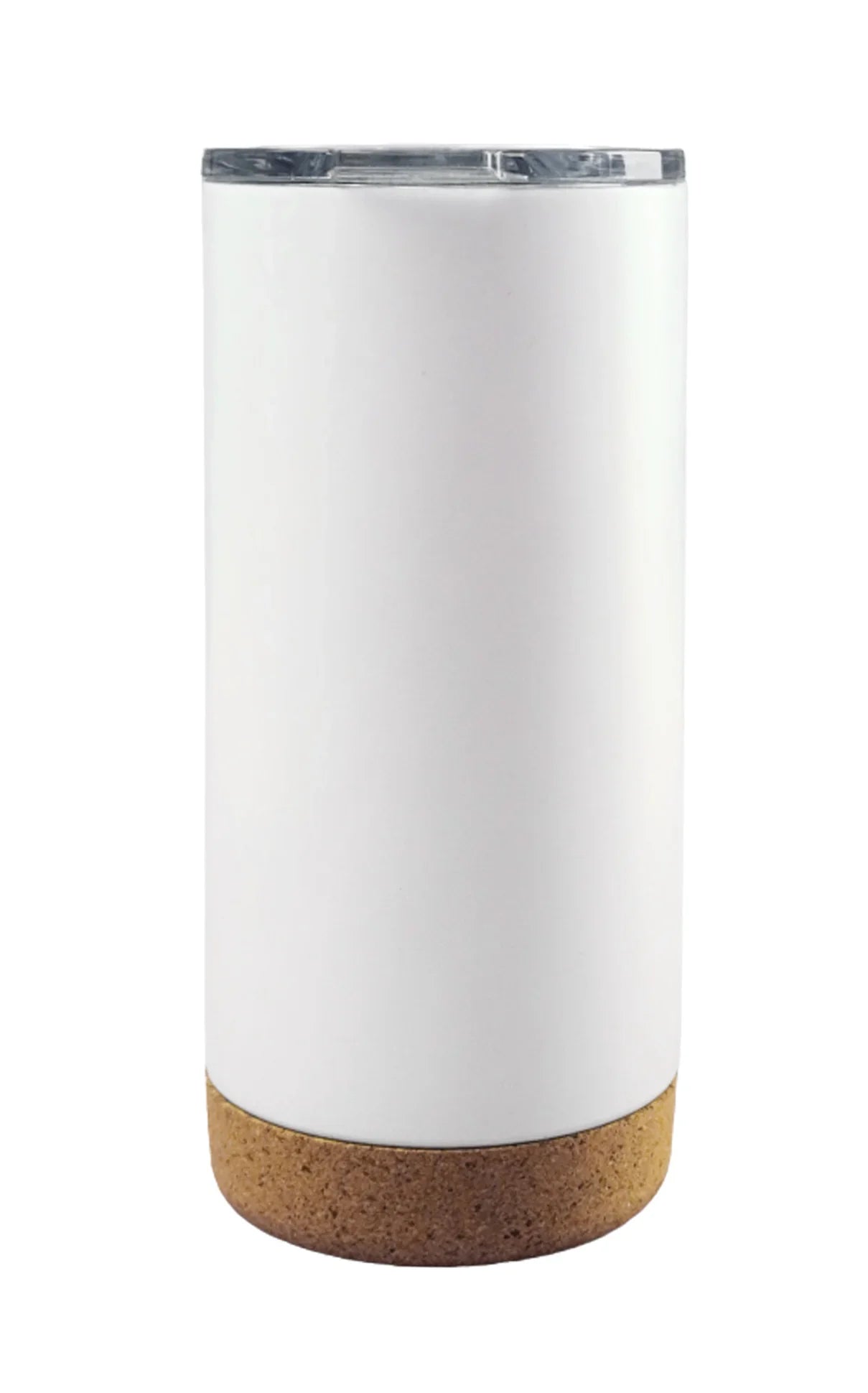 Minimalist white tumbler with cork base and clear lid, shown upright on a white background, Tumbler with Cork Bottom