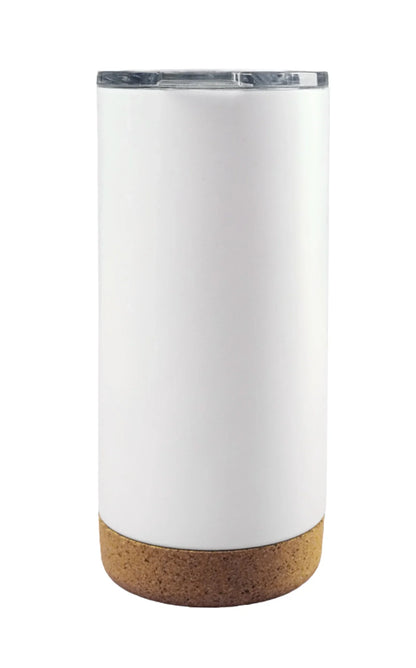 Minimalist white tumbler with cork base and clear lid, shown upright on a white background, Tumbler with Cork Bottom