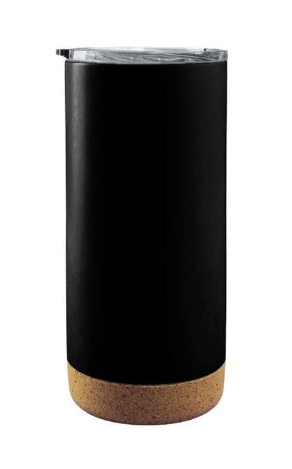 Tumbler with Cork Bottom featuring sleek black body and natural cork base with clear drink lid for portable use