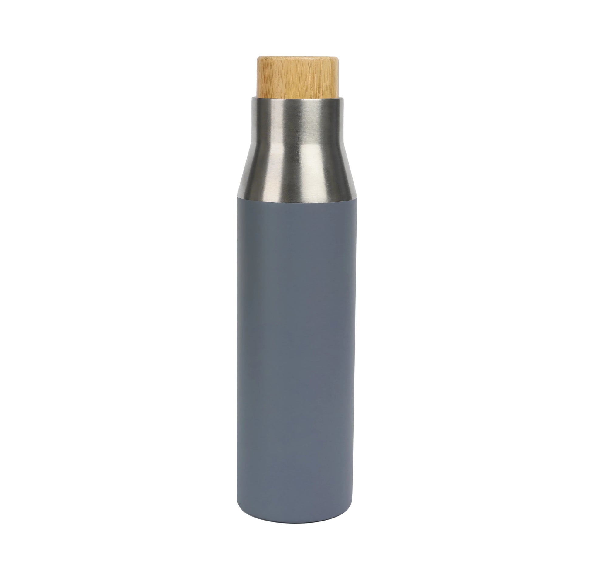 Vacuum Bottle with sleek gray body, stainless steel neck, and bamboo lid for stylish insulated beverage storage.