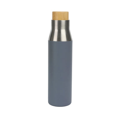 Vacuum Bottle with sleek gray body, stainless steel neck, and bamboo lid for stylish insulated beverage storage.