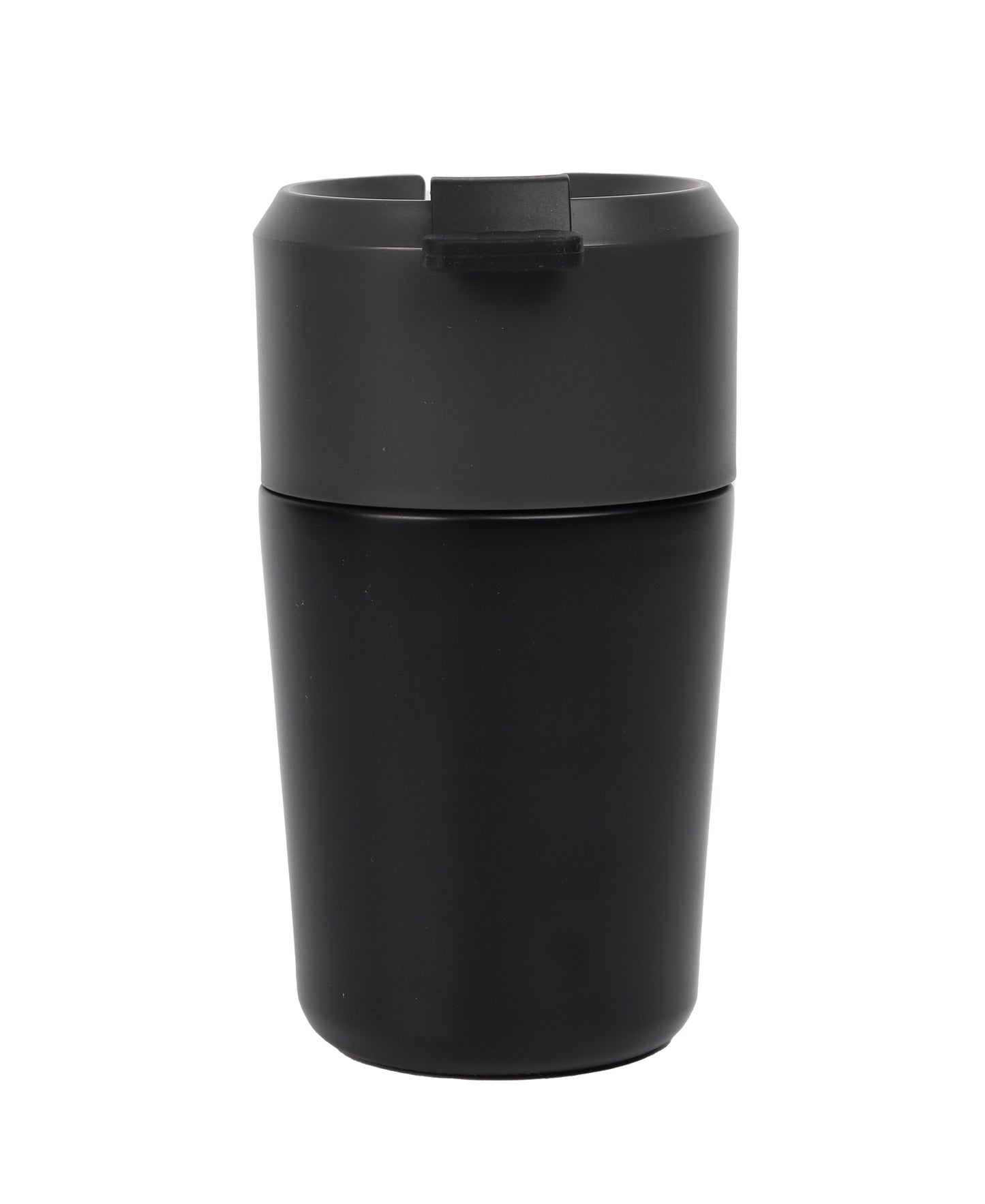 Black sleek insulated Vacuum Mug with secure lid designed for hot and cold beverages on the go
