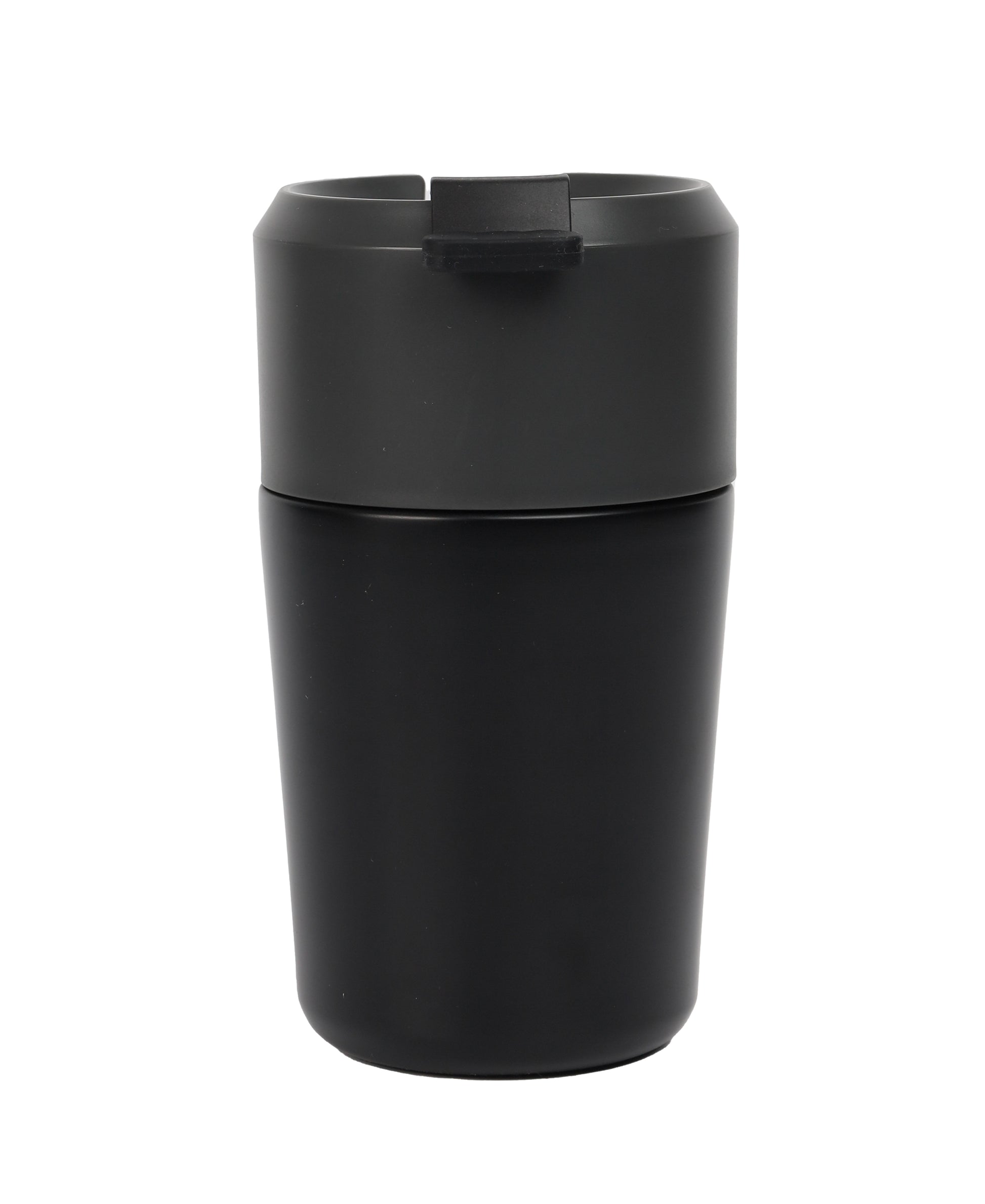 Black sleek insulated Vacuum Mug with secure lid designed for hot and cold beverages on the go