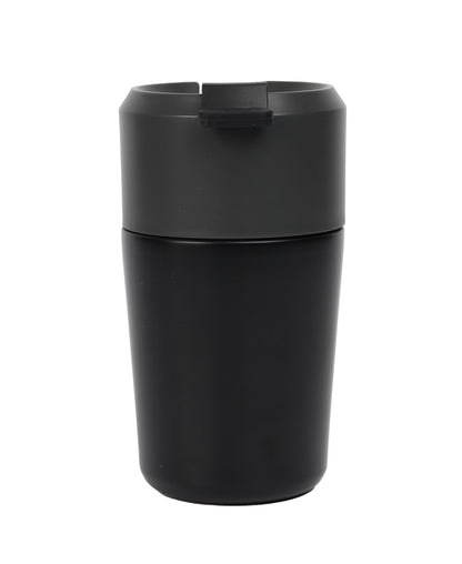 Black sleek insulated Vacuum Mug with secure lid designed for hot and cold beverages on the go