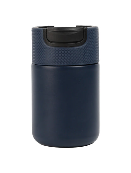 Double Wall Stainless Steel Tumbler - Corporate Gift UAE | Novelty in navy with textured black lid for hot and cold drinks.