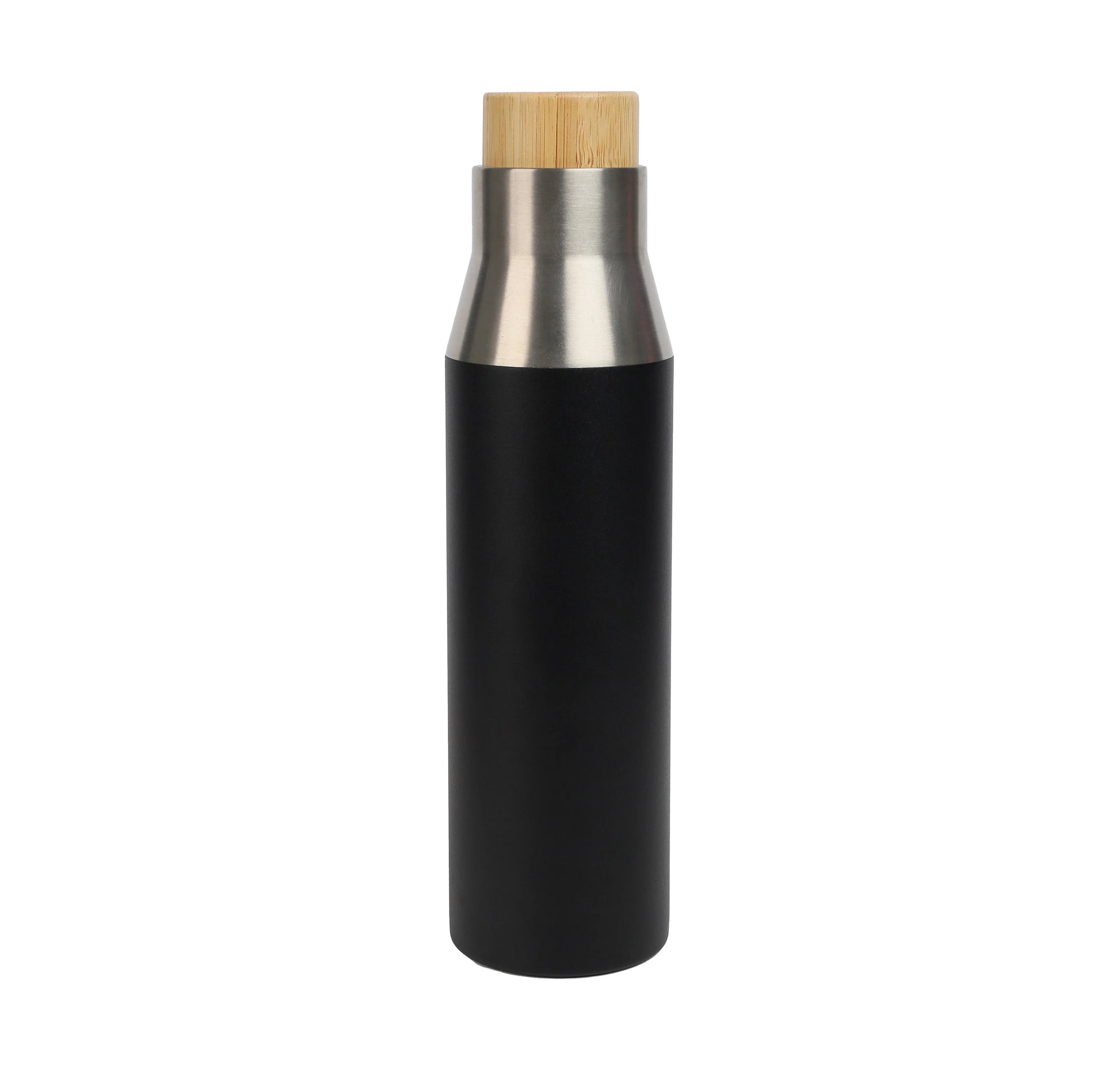 Sleek black and stainless steel Vacuum Bottle with a bamboo lid designed for stylish and insulated beverage storage