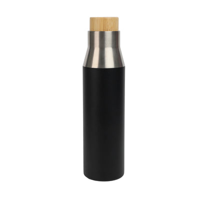 Sleek black and stainless steel Vacuum Bottle with a bamboo lid designed for stylish and insulated beverage storage