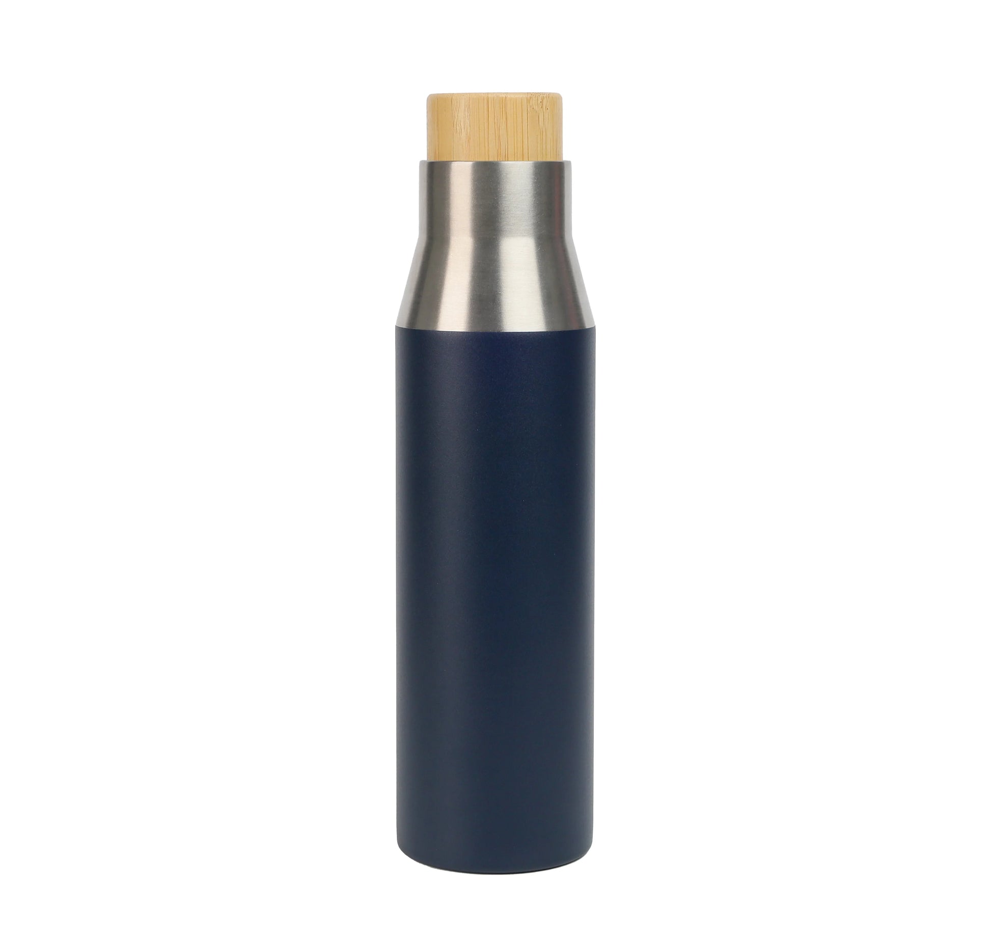 Slim navy blue stainless steel Vacuum Bottle with silver neck and light wooden cap against white background