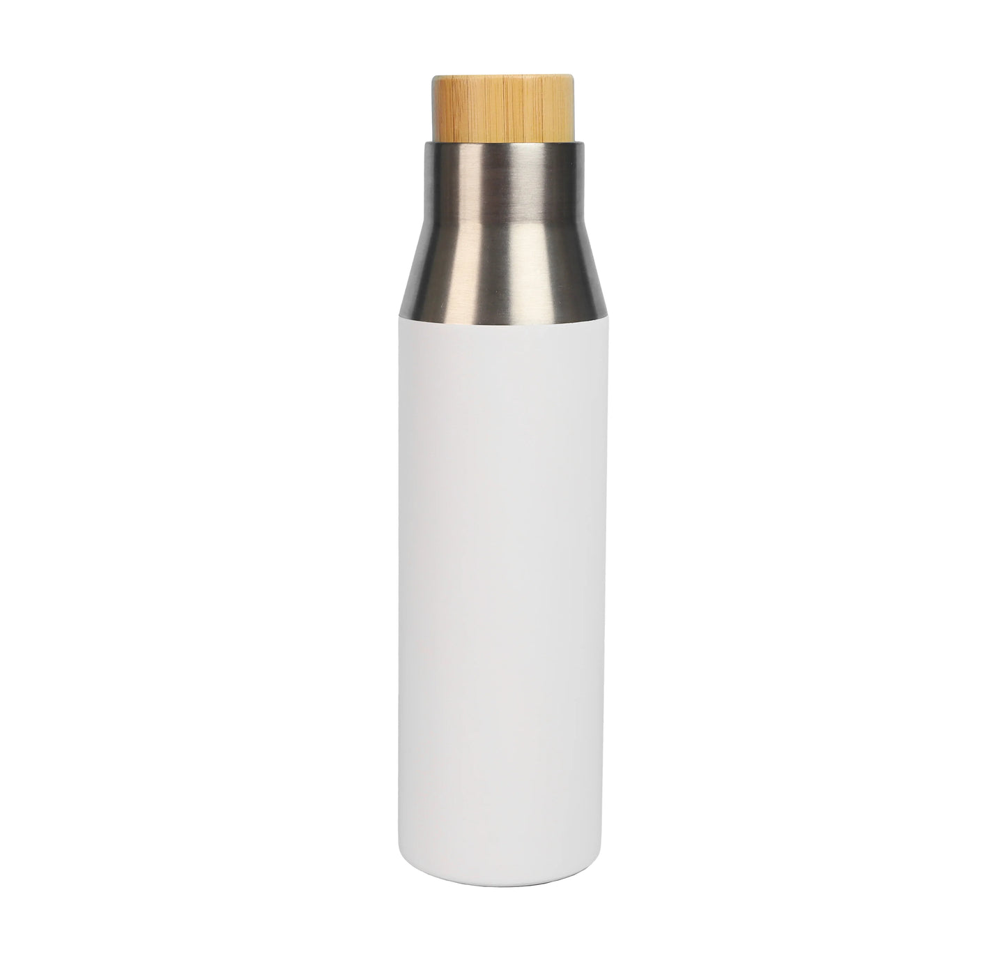 Vacuum Bottle with stainless steel finish and bamboo cap designed for keeping beverages hot or cold on the go