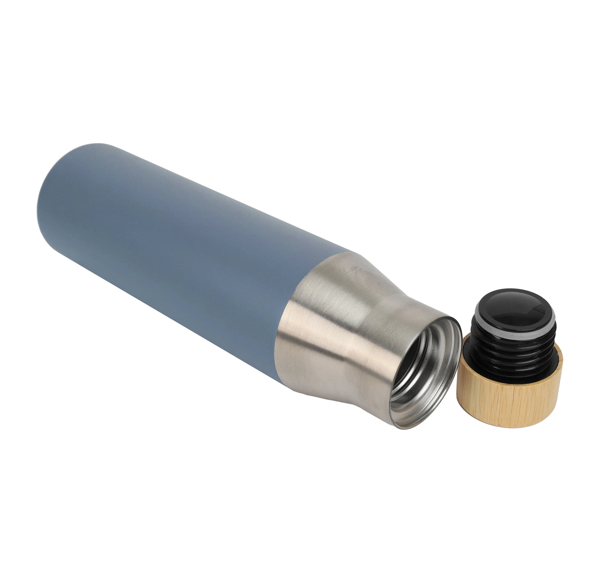 Blue stainless steel Vacuum Bottle with a wooden cap placed beside the open bottle on white background