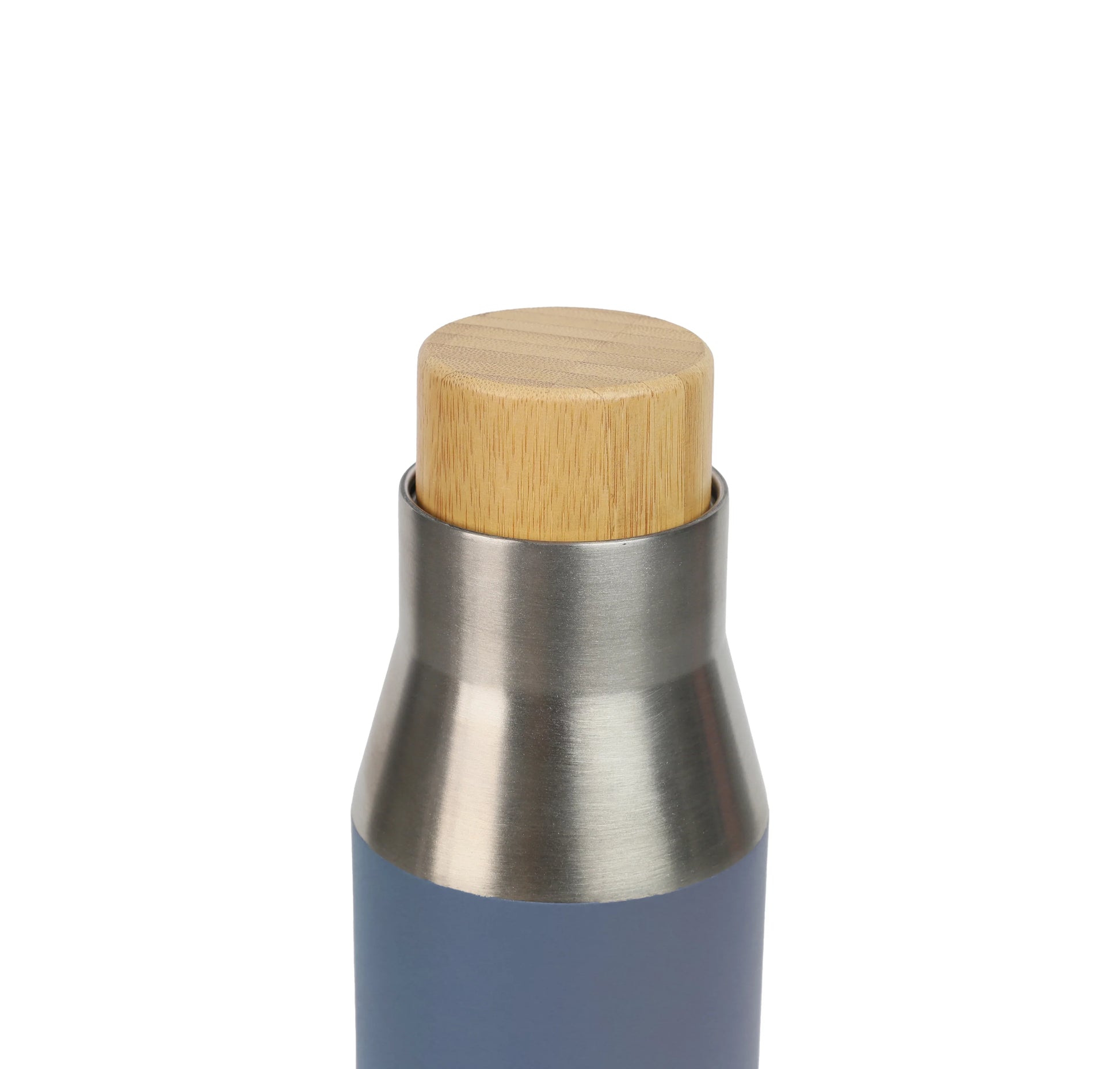 Close-up of a stainless steel Vacuum Bottle with a blue body and a natural wooden lid on a white background