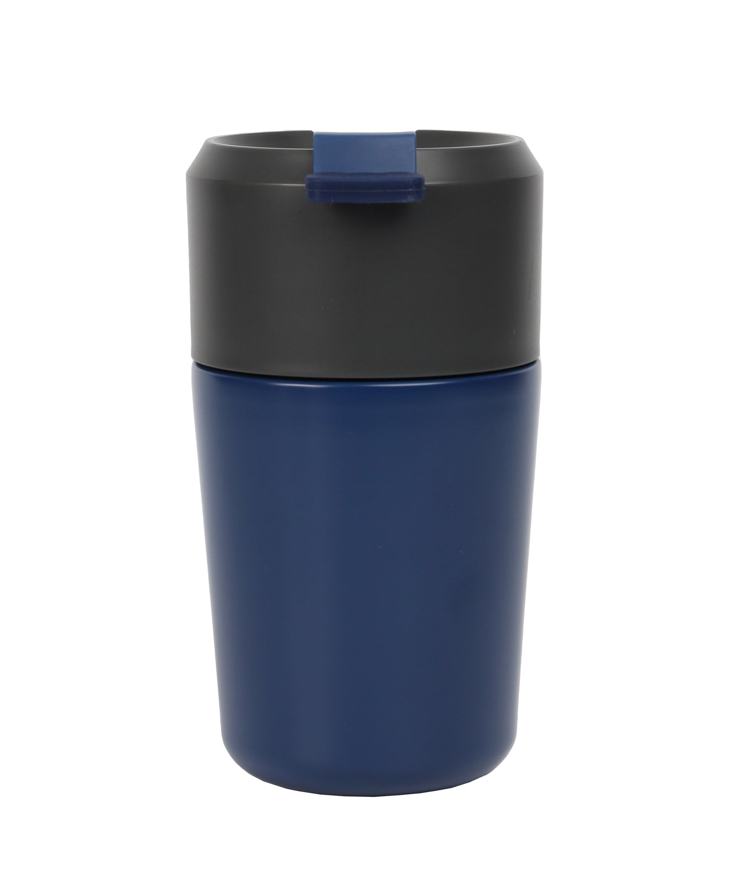 Blue and black travel Vacuum Mug with secure lid designed for hot or cold beverages on the go