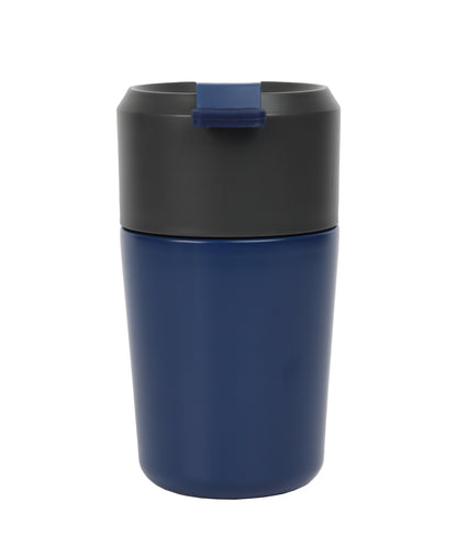Blue and black travel Vacuum Mug with secure lid designed for hot or cold beverages on the go