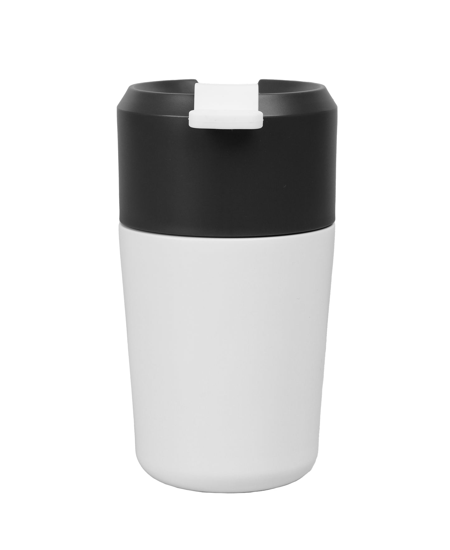 Sleek white and black insulated Vacuum Mug with secure lid designed to keep beverages hot or cold for extended periods