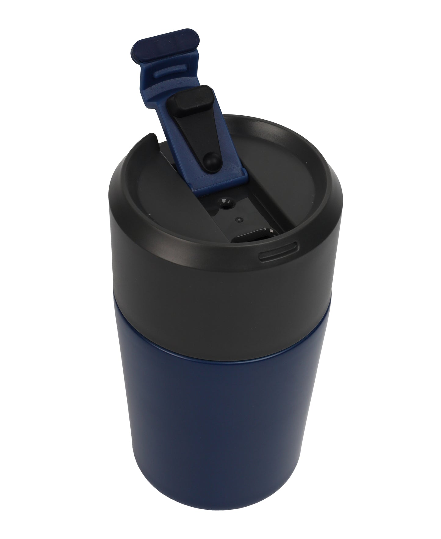 Vacuum Mug with a navy blue body and black lid featuring a flip-top opening for easy drinking and spill prevention