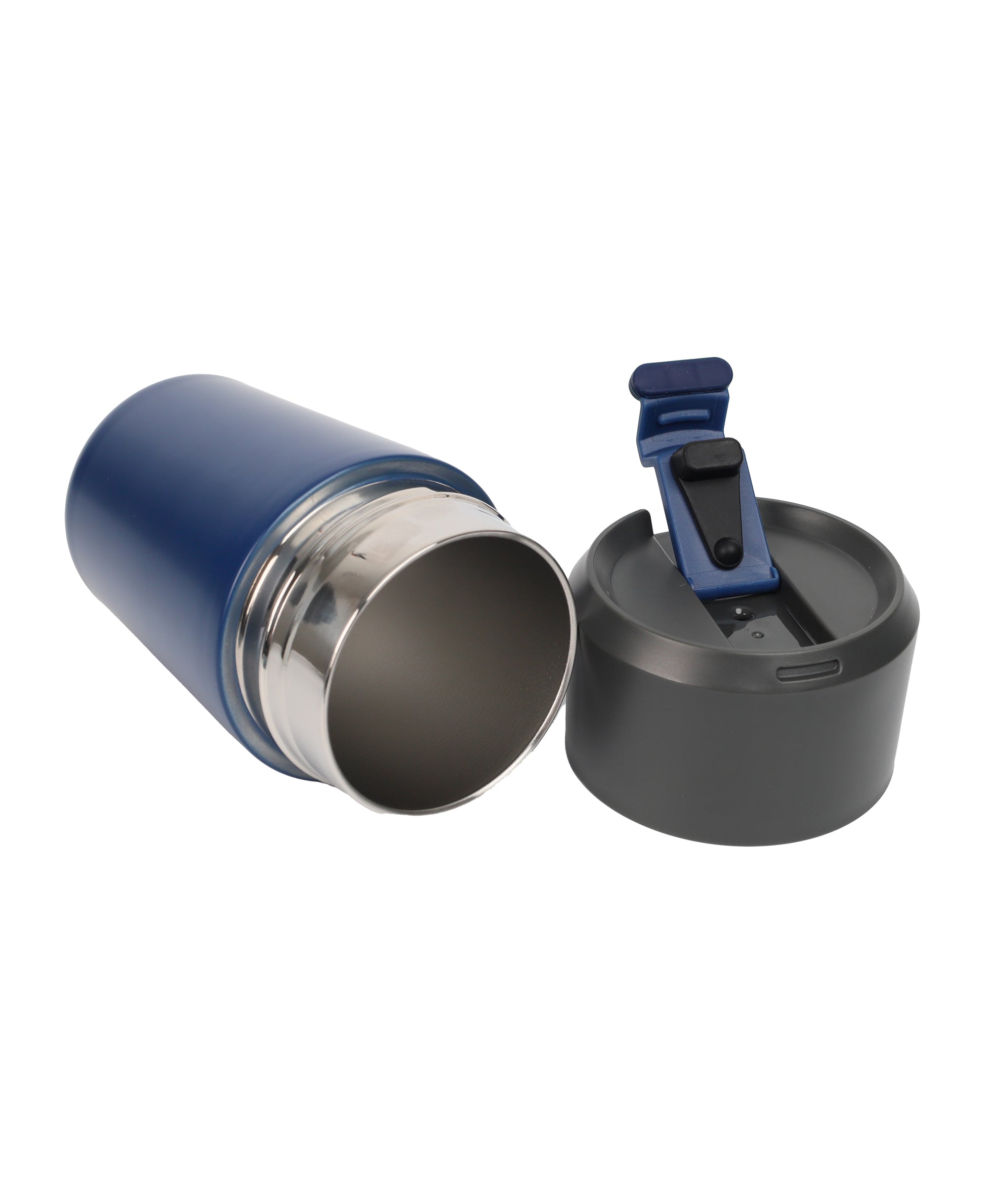 Blue stainless steel Vacuum Mug with removable lid featuring a secure flip-top drinking spout and locking mechanism