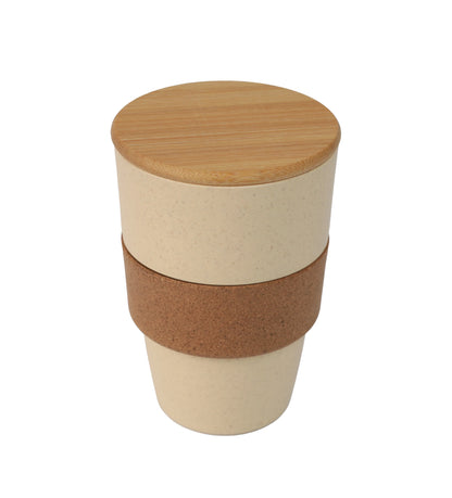 Wheat Straw Cork Grip PP Tumbler with a natural cork grip and bamboo lid for eco-friendly drinkware use
