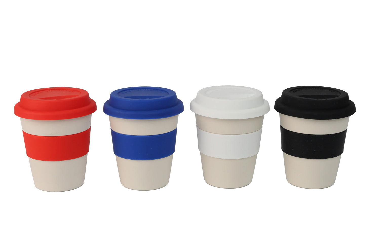 Wheat Straw Silicon Lid Tumbler in red, blue, white, and black silicone bands and lids on beige cups.