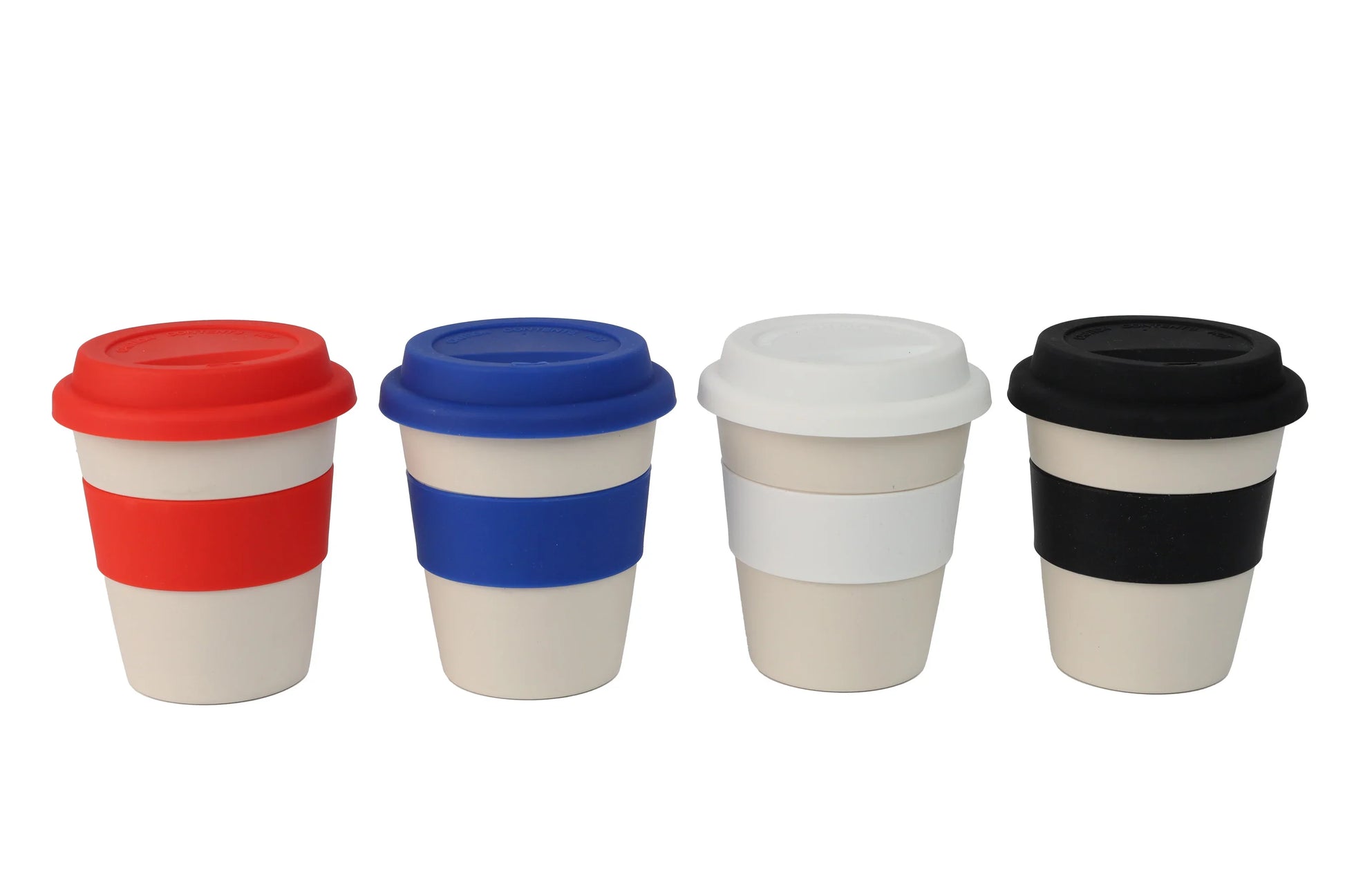 Wheat Straw Silicon Lid Tumbler in red, blue, white, and black silicone bands and lids on beige cups.