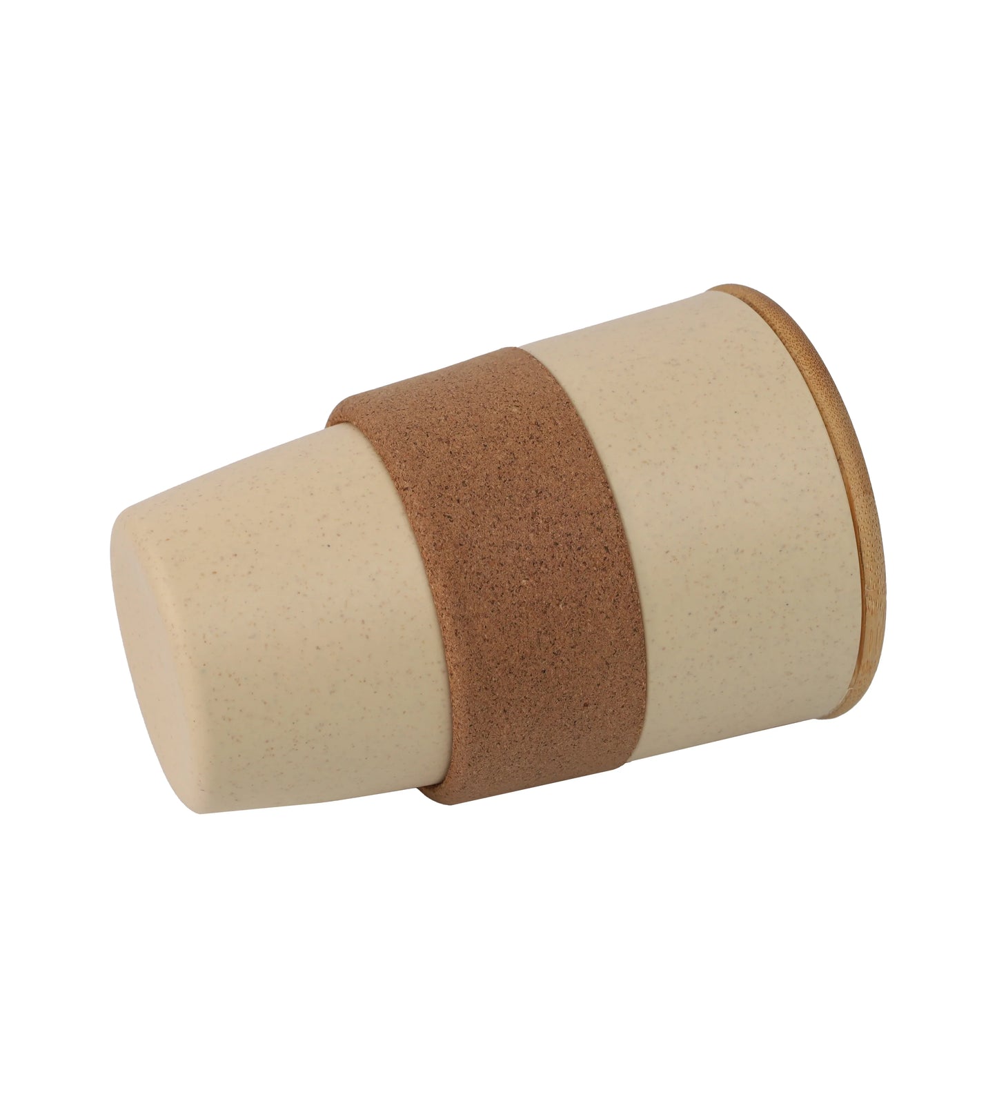 Wheat Straw Cork Grip PP Tumbler shown tilted with natural beige body and brown cork grip band on white background