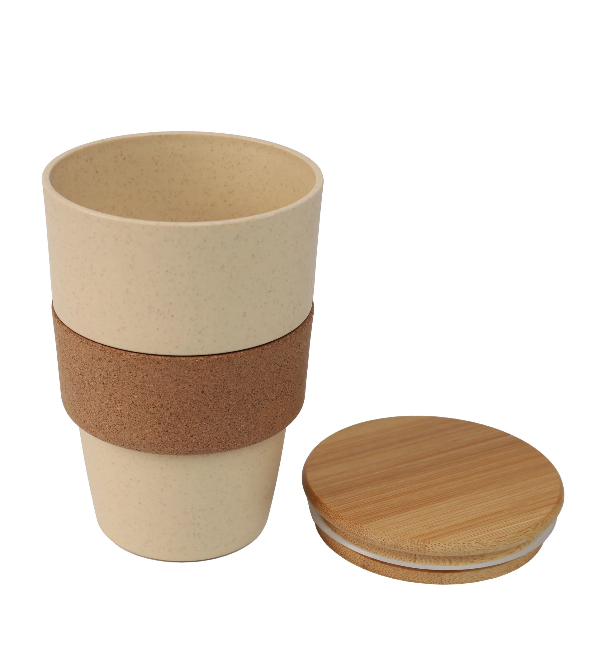 Wheat Straw Cork Grip PP Tumbler with removable cork grip and wooden lid for eco-friendly reusable drinkware.