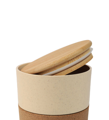 Close-up of Wheat Straw Cork Grip PP Tumbler showing natural cork base and bamboo lid with silicone seal