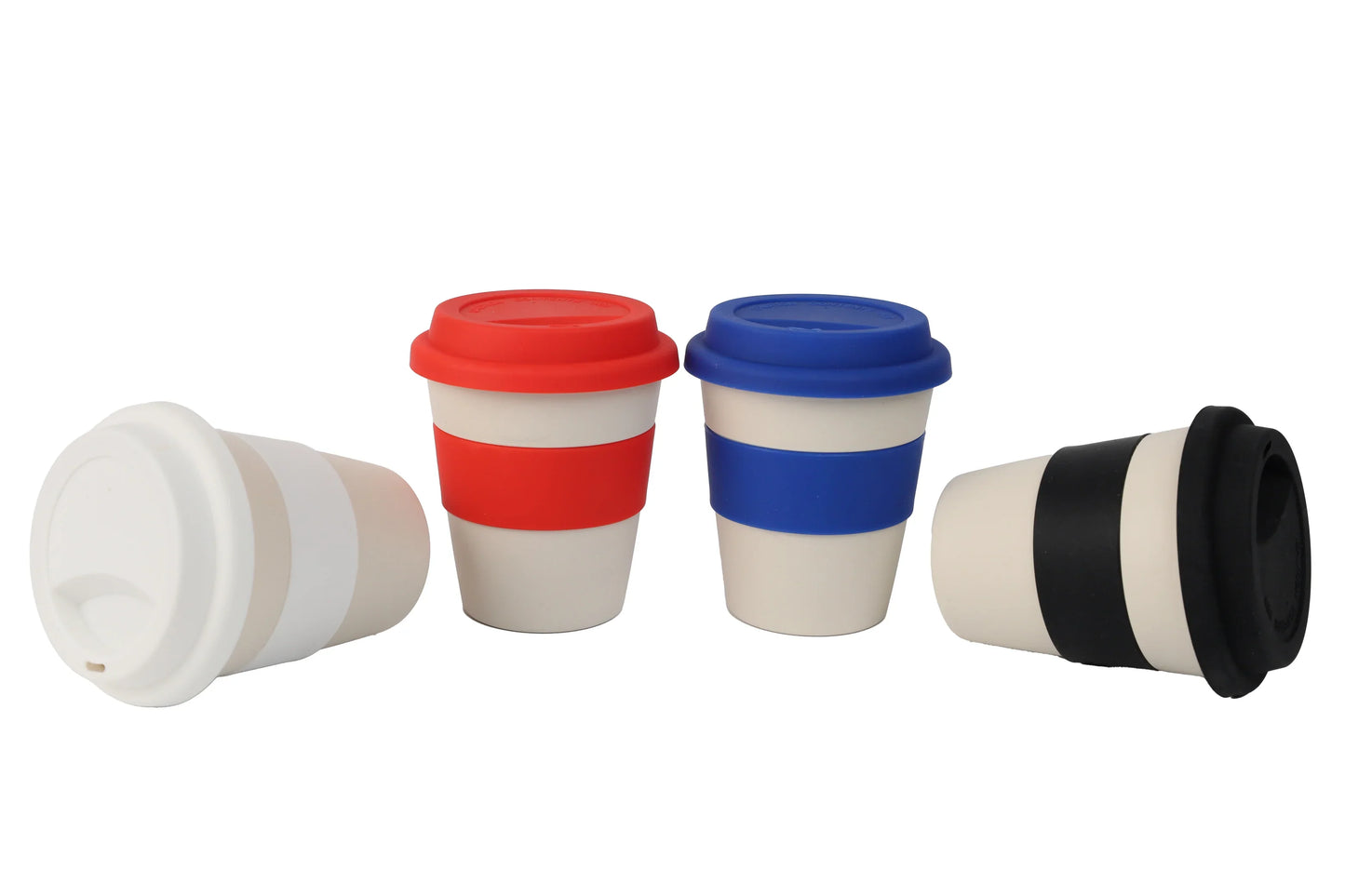 Four reusable Wheat Straw Silicon Lid Tumblers in white with removable lids in white, red, blue, and black colors.