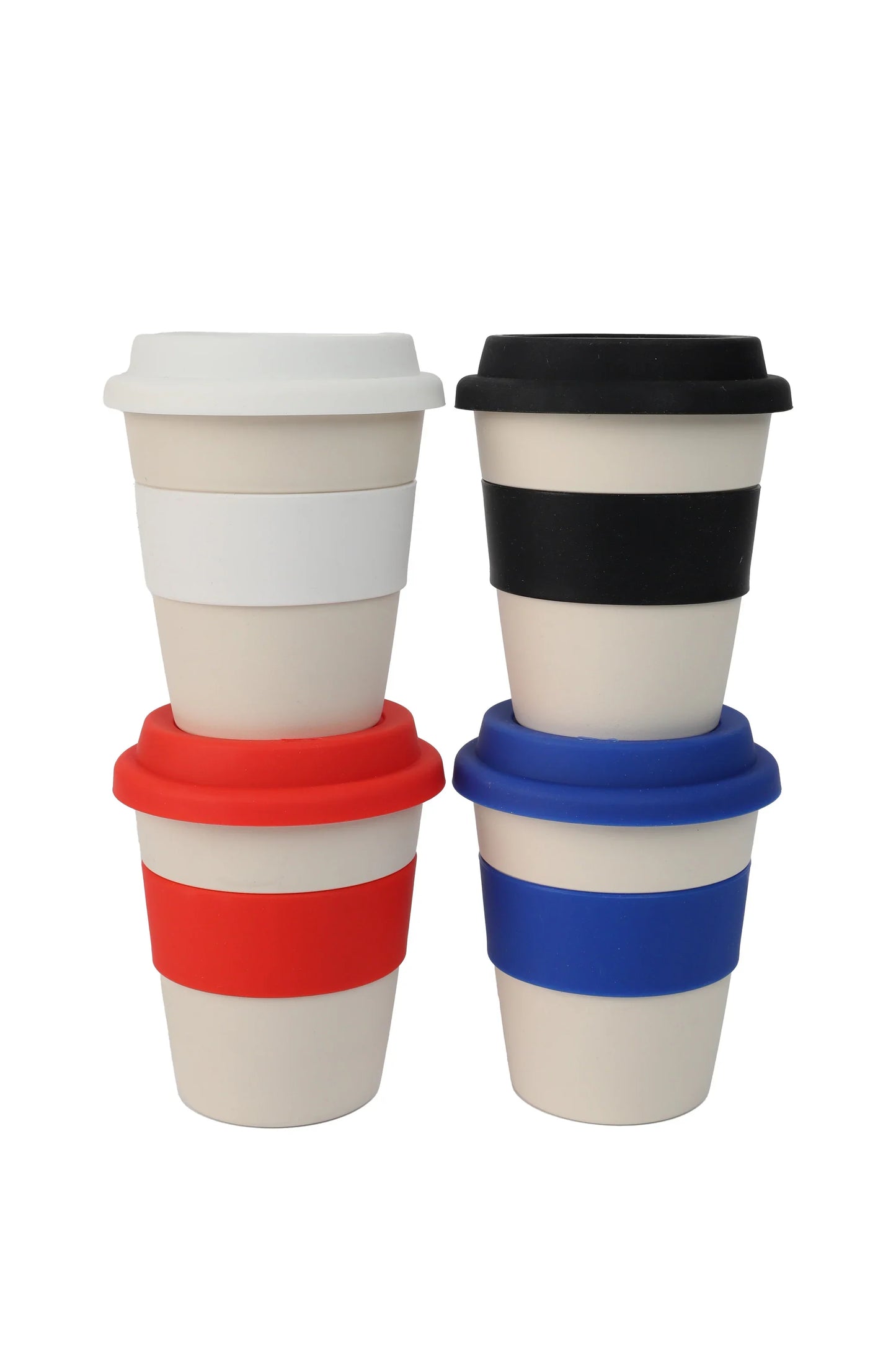 Stacked Wheat Straw Silicon Lid Tumbler set with white, black, red, and blue silicone lids and sleeves on white background