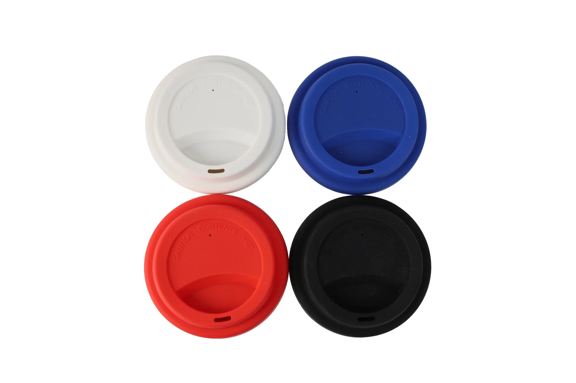 Set of four colorful reusable Wheat Straw Silicon Lid Tumbler covers in white, blue, red, and black colors