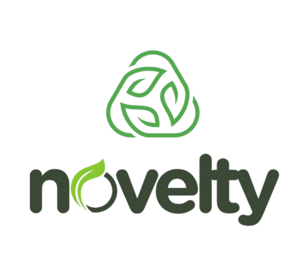 Green abstract triangular logo above the word novelty with a leaf incorporated into the letter o